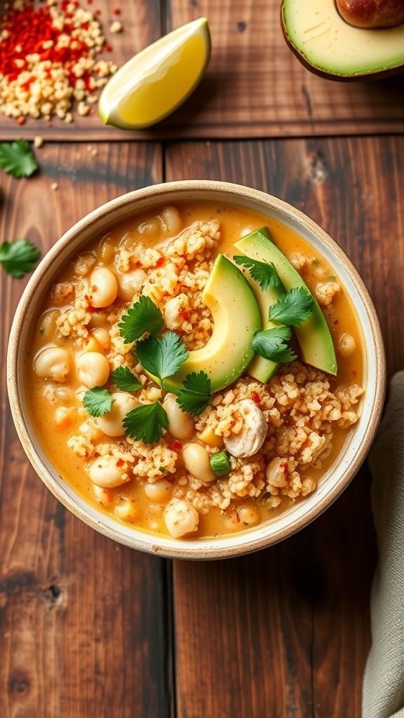 A bowl of white chicken chili with quinoa, garnished with cilantro and avocado, on a rustic table.